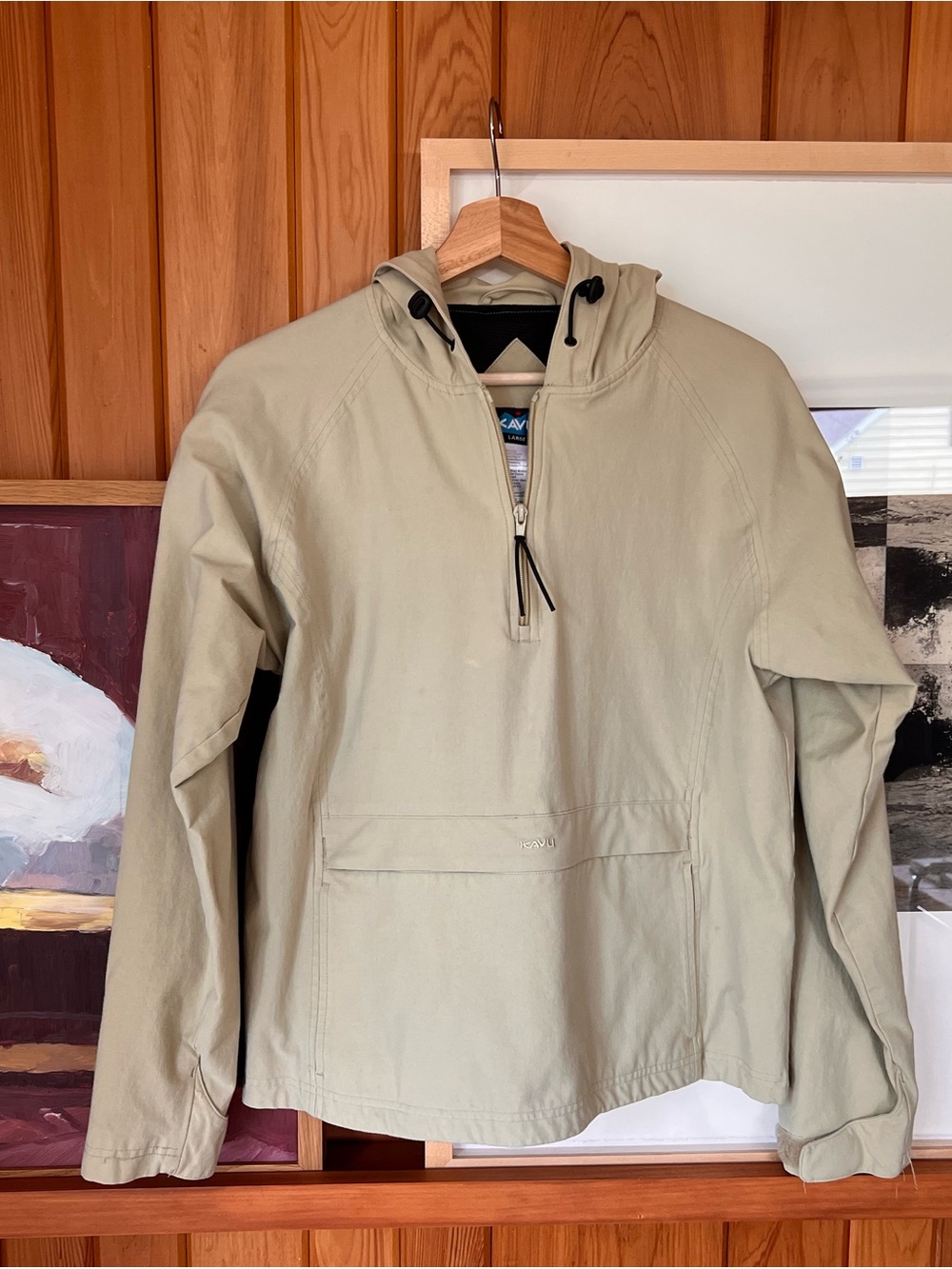 KAVU stretchy Hooded Pullover half zip Jacket - Light Khaki